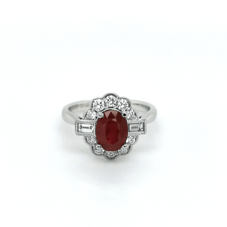 Platinum 1.80ct Oval Ruby & 0.56ct Diamond Cluster Ring murray co jewellers belfast