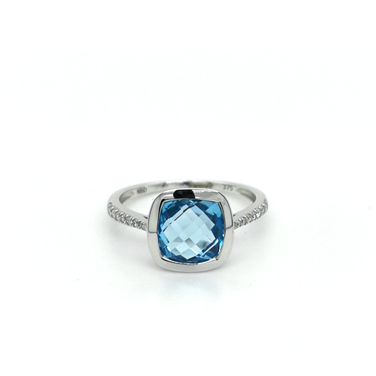 9ct White Gold 2.91ct Blue Topaz & 0.08ct Diamond Shouldered Ring murray co jewellers belfast