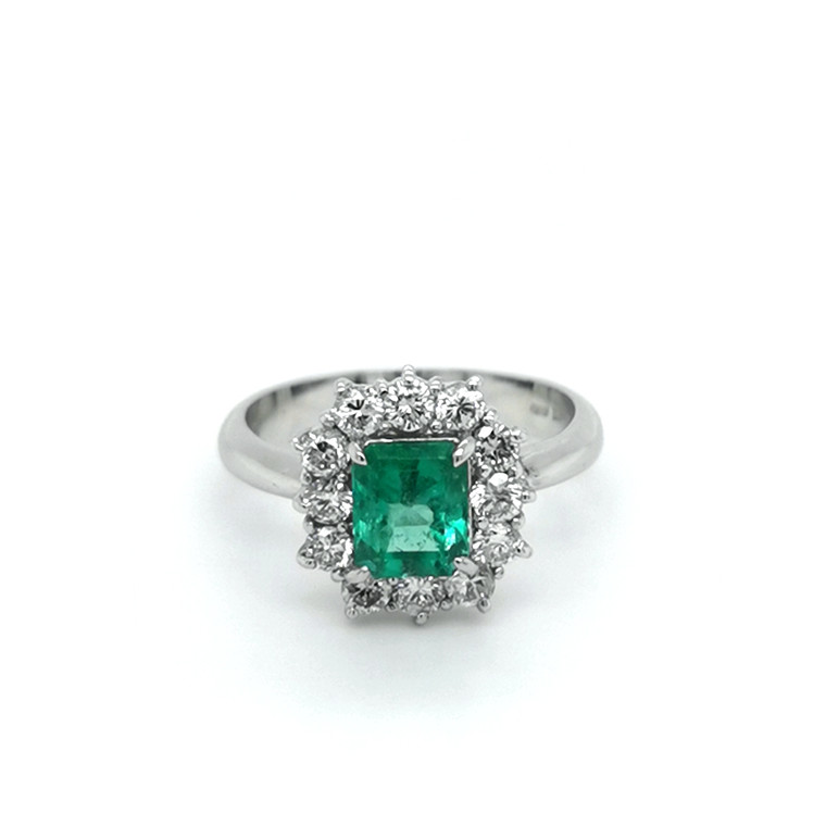 Platinum 1.01ct Octagon Emerald & 0.75ct Diamond Cluster Ring murray co jewellers belfast