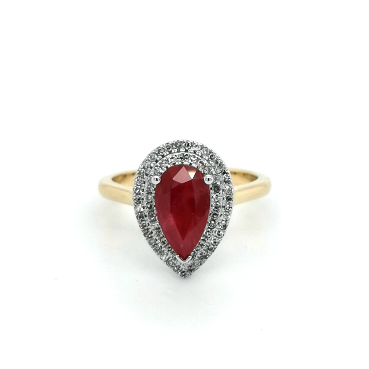 18ct Yellow Gold 2.05ct Pear Ruby & 0.25ct Diamond Cluster Ring murray co jewellers belfast