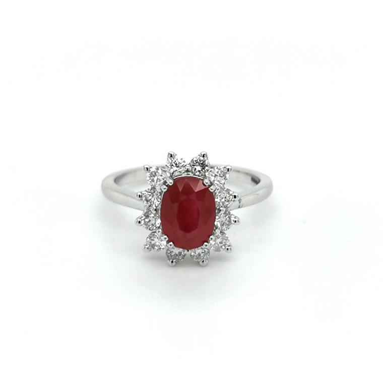14ct White Gold 2.03ct Ruby & 0.50ct Diamond Cluster Ring murray co jewellers belfast