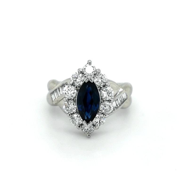 Platinum 1.68ct Marquise Sapphire & 1.46ct Diamond Cluster Ring murray co jewellers belfast