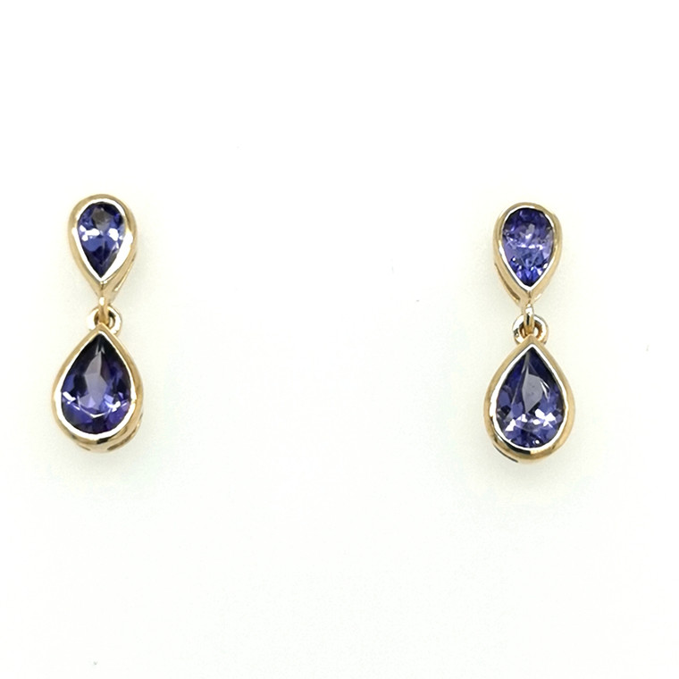 9ct Yellow Gold 1.14ct Tanzanite Double Pear Drop Earrings murray co jewellers belfast