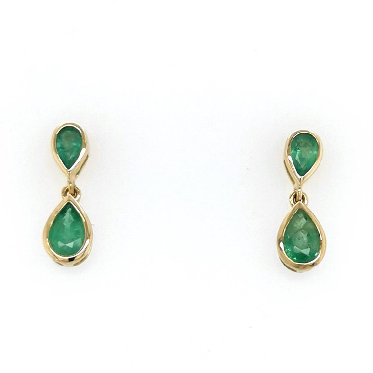 9ct Yellow Gold 1.15ct Emerald Rub Over Pear Drop Earrings murray co jewellers belfast