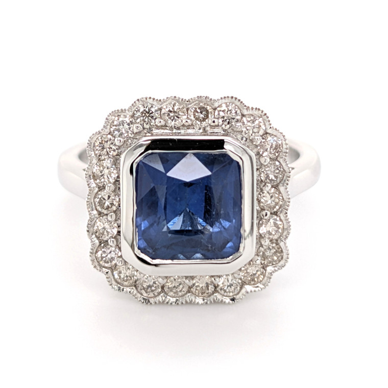 14ct White Gold 3.28ct Sapphire & 0.55ct Diamond Cluster Ring murray co jewellers belfast