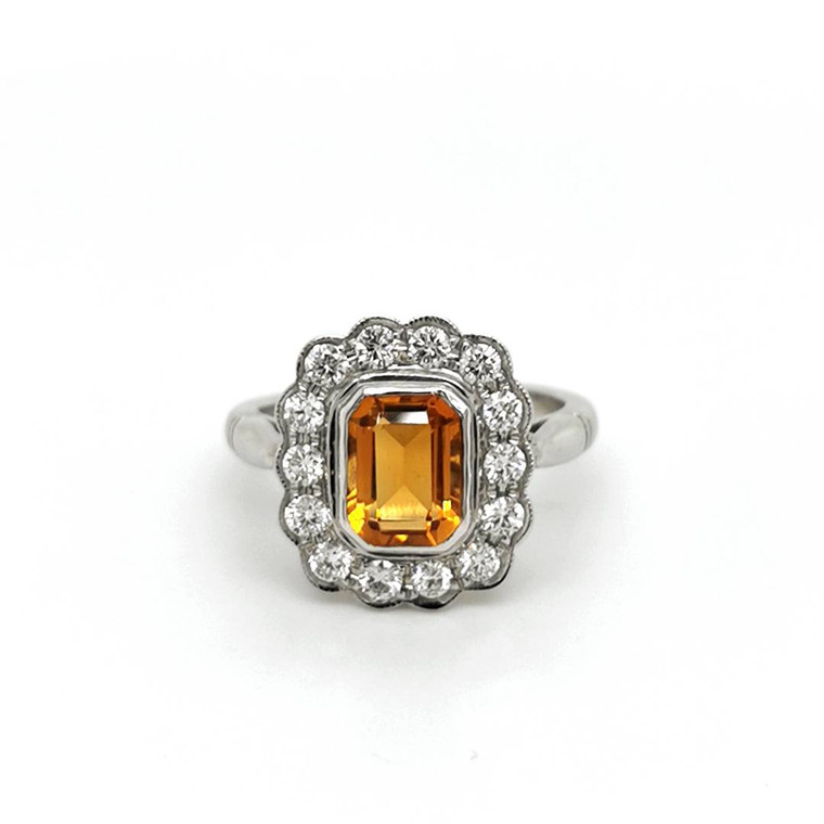 18ct White Gold 8 x 6mm Citrine & 0.60ct Diamond Cluster Ring murray co jewellers belfast
