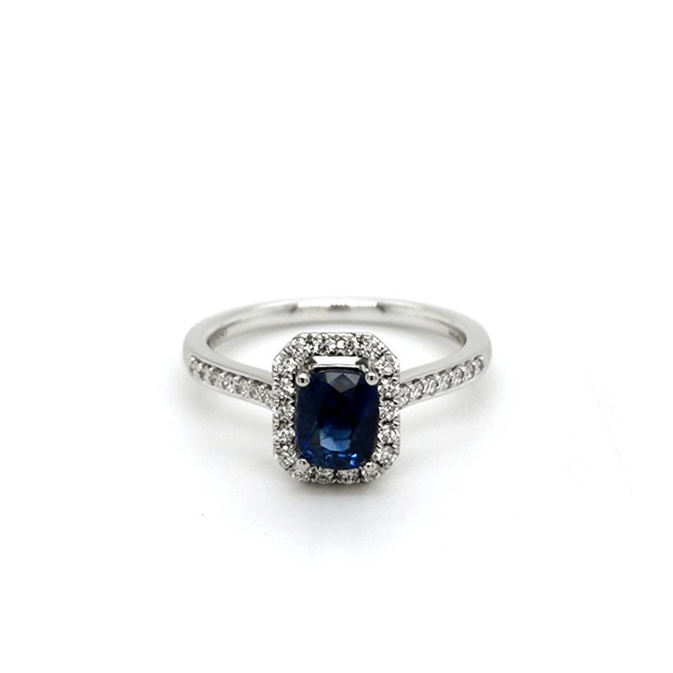 Platinum 1.22ct Royal Ceylon Sapphire & 0.36ct Diamond Cluster Ring murray co jewellers belfast