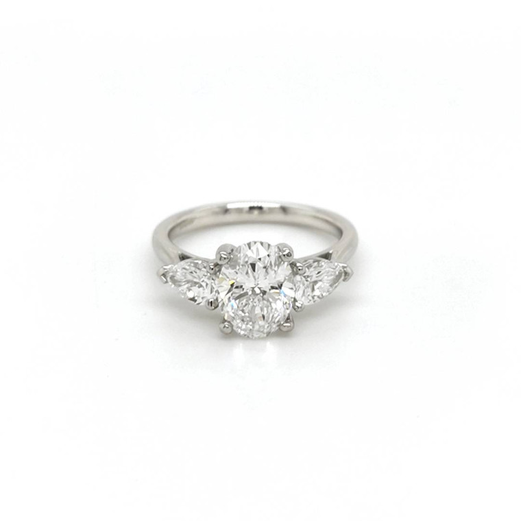 Platinum 2.58ct Lab Grown Oval & Pear Diamond 3 Stone Ring murray co jewellers belfast