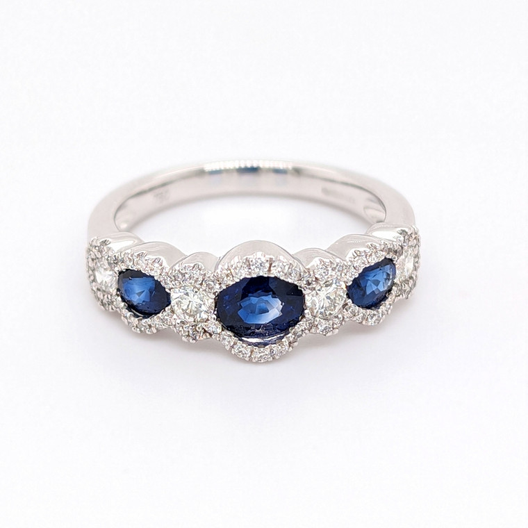 18ct White Gold 1.04ct Sapphire & 0.51ct Diamond 3 Stone Cluster Ring murray co jewellers belfast