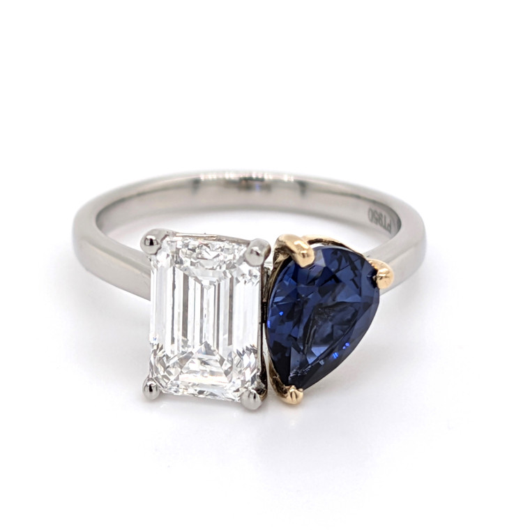 Platinum 1.91ct Emerald Cut Diamond & 1.81ct Pear Sapphire 2 Stone Ring moi et toi murray co jewellers belfast