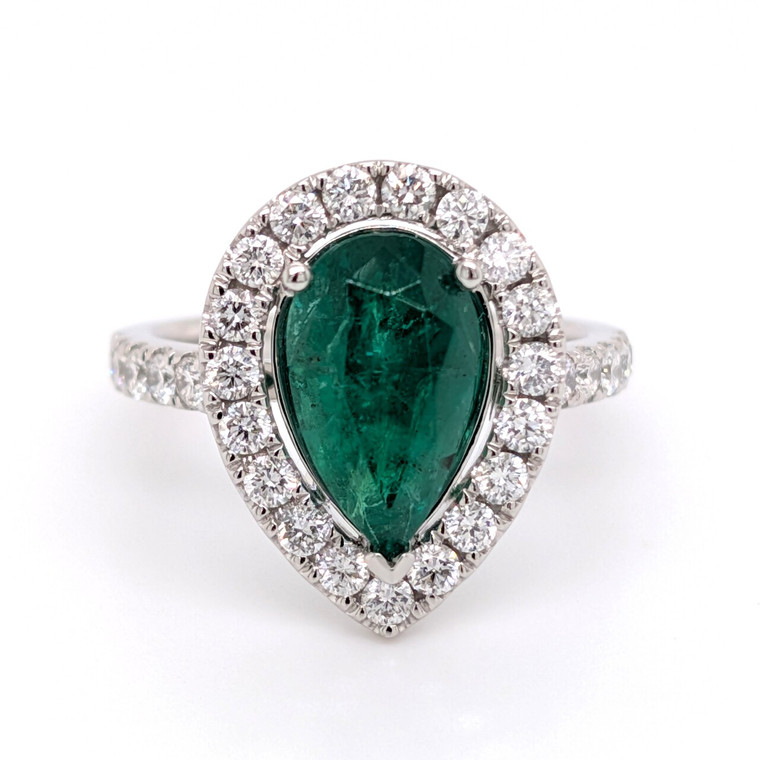 Platinum 2.57ct Pear Emerald & 0.80ct Diamond Cluster Ring murray co jewellers belfast engagement rings wedding rings gemstone rings jewellery