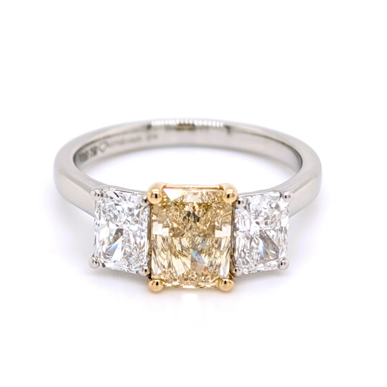 Platinum Lab Grown 1.30ct Yellow Diamond & 1.20ct Diamond 3 Stone Ring murray co jewellers belfast lab grown diamond engagement rings