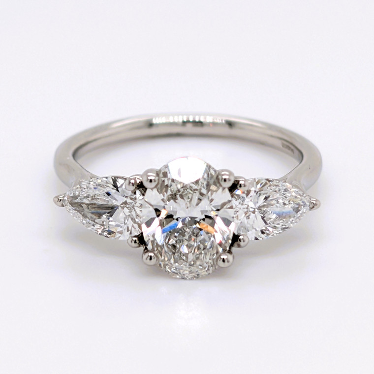 Platinum 2.58ct Lab Grown Oval & Pear Diamond 3 Stone Ring murray co jewellers belfast lab grown diamond engagement rings