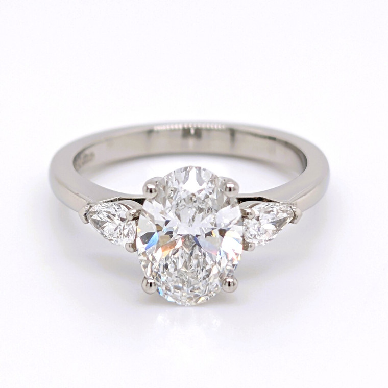 Platinum 2.39ct Lab Grown Oval & Pear Diamond 3 Stone Ring murray co jewellers belfast lab grown diamond engagement rings