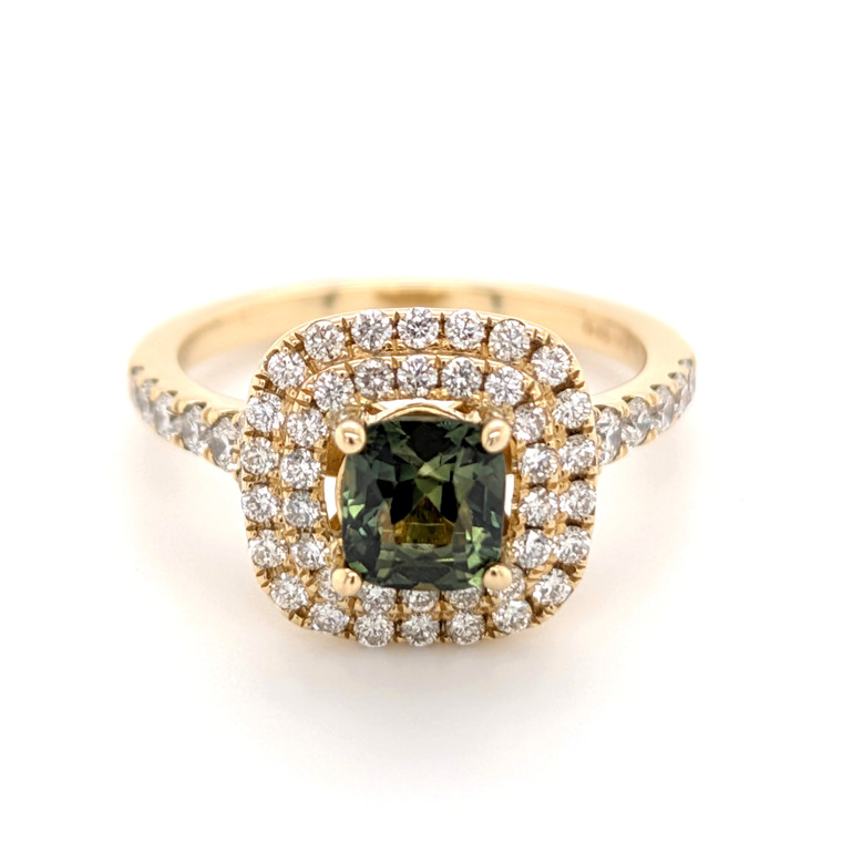 18ct Yellow Gold 1.09ct Teal Sapphire & 0.73ct Diamond Cluster Ring murray co jewellers belfast