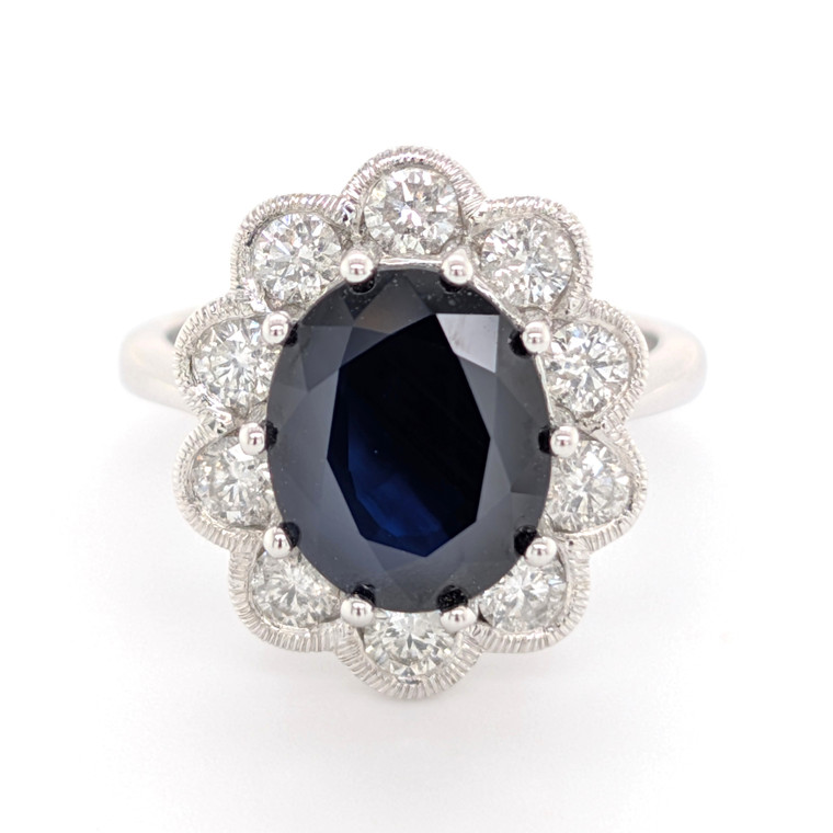 14ct White Gold 4.41ct Oval Sapphire & 1.00ct Diamond Cluster Ring murray co jewellery belfast