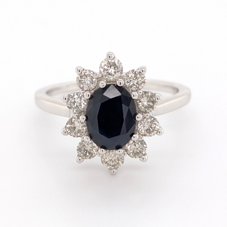 9ct White Gold 1.70ct Oval Sapphire & 0.75ct Diamond Cluster Ring murray co jewellers belfast