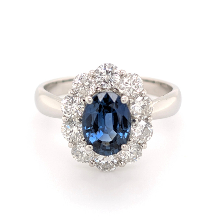 Platinum 1.48ct Oval Sapphire & 1.10ct Diamond Cluster Ring murray co jewellers belfast