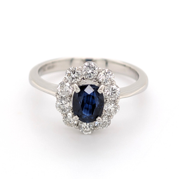 Platinum 1.11ct Oval Sapphire & 0.70ct Diamond Cluster Ring murray co jewellers belfast