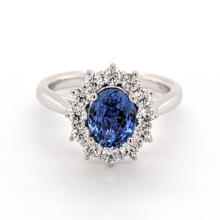 Platinum 1.47ct Oval Sapphire & 0.60ct Diamond Cluster Ring murray co jewellers belfast