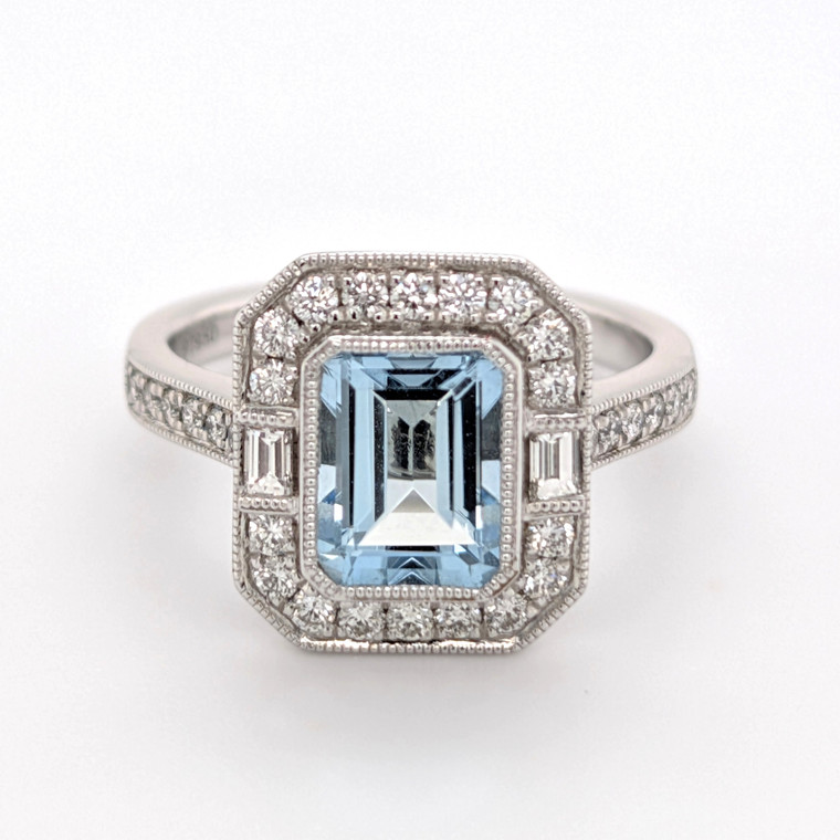 Platinum 1.50ct Aquamarine & 0.45ct Diamond Cluster Ring murray co jewellers belfast