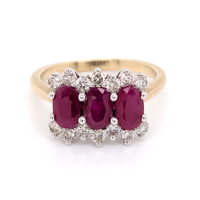 9ct Yellow Gold 1.50ct Ruby & 0.27ct Diamond 3 Stone Cluster Ring murray co jewellers belfast