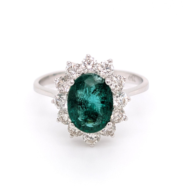 18ct White Gold 2.01ct Emerald & 0.87ct Diamond Cluster Ring murray co jewellers belfast
