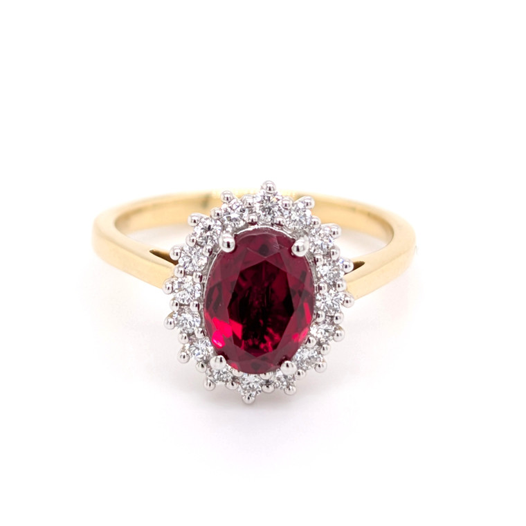 18ct Yellow Gold Lab Grown 2.80ct Ruby & 0.42ct Diamond Cluster Ring murray co jewellers belfast