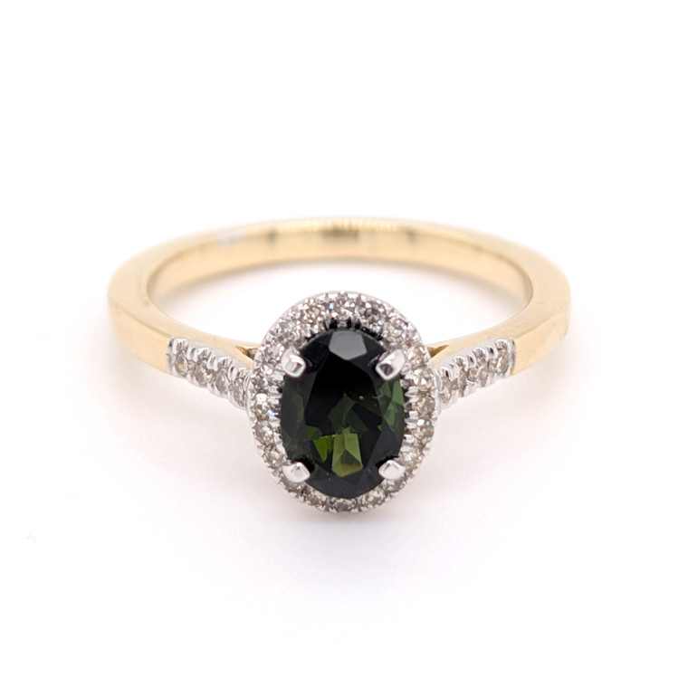 9ct Yellow Gold 0.84ct Green Sapphire & 0.15ct Diamond Cluster Ring murray co jewellers belfast