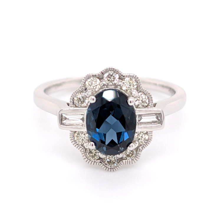 9ct White Gold 1.58ct London Blue Topaz & 0.32ct Diamond Cluster Ring murray co jewellers belfast