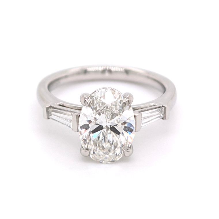 Platinum 2.36ct Lab Grown Oval & Baguette Diamond 3 Stone Ring murray co jewellers belfast engagement rings