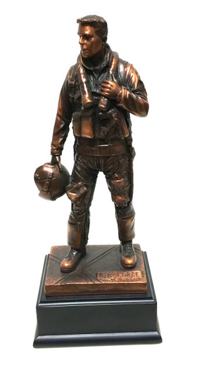 11.5" tall, highly detailed, bronze tone U.S. Air Force pilot military statue mounted on black base.