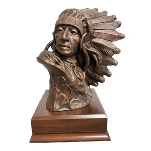 Indian Chief Bust Military Statue mounted on a 6" wide by 6" long by 2" tall laminated cherry base, with free engraving.