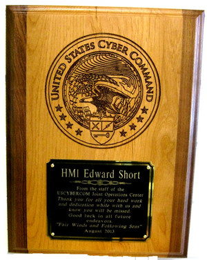 Plaque 9" x 12" Highly detailed, laser engraved USCYBERCOM with 5 inches long by 4 inches high engraving plate.