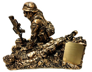 Combat medic military statue "Calling Dustoff" without base and without engraving.  Includes small removable plate that can be laser engraved or have a 2" x 2-1/2" engraving plate attached.