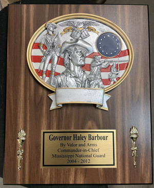 Military recognition plaque US Army National Guard Minuteman laminated cherry plaque 10-1/2" x 13" with oval National Guard Minuteman plate and two torches, with free engraving.