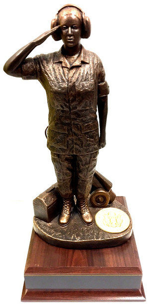 Military Statue Flight Line Maintainer Female bronze tone mounted on a 6.5 inches wide by 6.5 inches long by 2-1/4 inches high laminated cherry base.  Total height is 15 inches.  Air Force emblem can be replaced with another service medallion or with a unit coin, with free engraving.