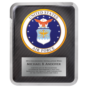 This is a stunning U.S. Air Force Military Hero Plaque with a Mirror Edge that measures 10-1/2 inches by 13 inches. The engraving plate is 6 inches long by 3-1/2 inches high and comes with free engraving.