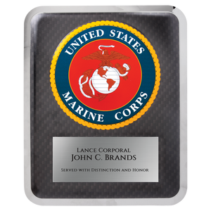 This is a stunning U.S. Marine Military Hero Plaque with a Mirror Edge, measuring 10-1/2 inches by 13 inches. The engraving plate is 6 inches long and 3-1/2 inches high.