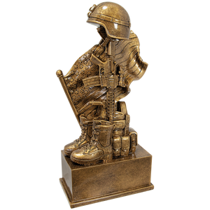 This Military Award is a tribute to a fallen service member, featuring a US Flag, a rifle, a helmet, and boots. It is a Military Remembrance Gift that stands 8-3/4 inches tall. It is a small item that can fit in a small space, but it demands a lot of respect. It has a high level of detail. It also has an engraving plate that measures 3 inches by 1 inch.