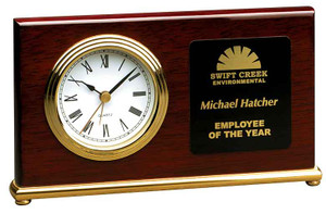 Clock desk horizontal rosewood piano finish 7-1/2 inches wide by 4 inches tall, battery is included, with free engraving.