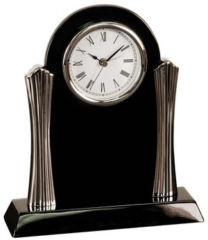Clock desk black piano finish with gold metal columns 8-1/4 inches high by 7-1/2 inches wide, battery is included, with free engraving.
