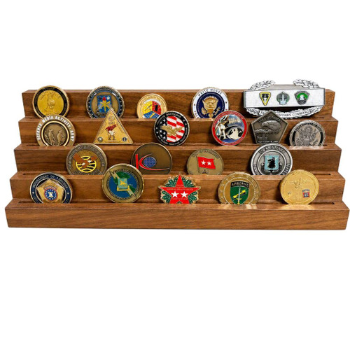 4 tiers genuine walnut challenge coin display stand.  Holds 7 each 2 inches coins per tier.  16 inches wide by 4 inches deep by 5 inches high. Challenge coins are not included.