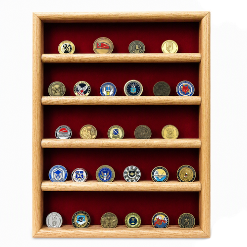 Genuine oak 16 inches wide by 22 inches tall challenge coin wall display case.  Holds up to thirty each 2 inches in diameter challenge coins.