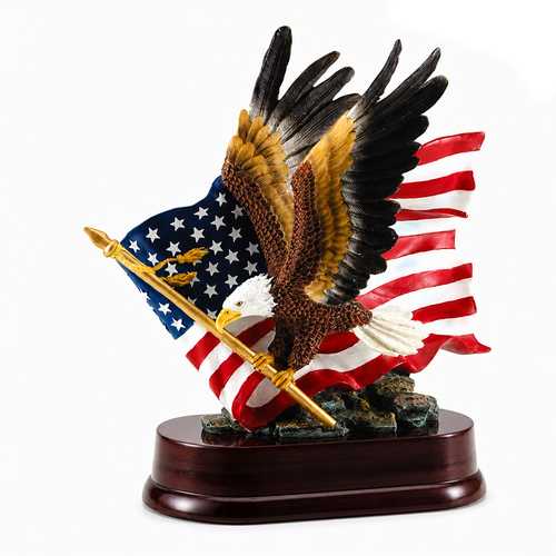 Eagle with US flag hand painted retirement gift, mounted on a oval base, 10-1/2 inches tall by 10 inches wide with free engraving.