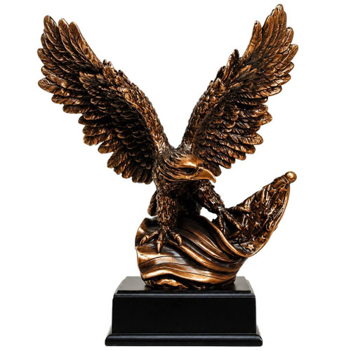 Eagle small metal clad 10" tall military PCS gift, mounted on a black base, 7 inches wingspan, with free engraving.