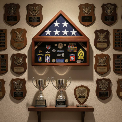 This stunning wall-mounted display case is designed for a 5' by 9-1/2' US Memorial Flag. Measuring 26 inches wide, 25 inches high, and 3 inches deep, it features a shadow box area with inside dimensions of 23-3/4 inches wide by 10 inches high. Built for wall mounting only, it comes with hangers, screws, and mounting wire. Made from Appalachian hardwood with a Queen Anne cherry stain and a Velcro-compatible mat, it’s perfect for showcasing your flag, awards and medals are not included.