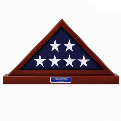 Flag display for a 5' by 9' US Memorial Flag, constructed from Appalachian hardwood and finished with a Queen Anne cherry stain. The flag is not included.