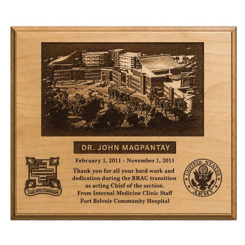 A genuine Red Alder wood plaque, featuring a laser-engraved design of the Belvoir Community Hospital building, measuring 9 by 12 inches.