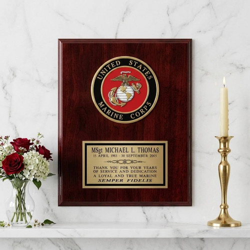 8" x 10" laminated mahogany plaque with 4" US Marines emblem.  Engraving plate is 5" x 2-3/4".  Also available with Army, Navy or Air Force emblems.  Please advise in other than US Marines is being ordered.